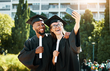 Image showing Graduation, selfie and friends smile for school success education and university certificate. Diversity, friendship and student use 5g smartphone for celebration and college achievement at campus