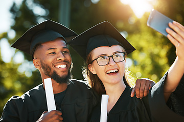 Image showing Selfie, college graduation and students in university celebrate academic success with a happy smile, black gown and graduation cap. Education, graduate certificate and friends with diploma in hands