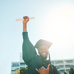 Image showing University graduation, black man with student success or portrait with lens flare of sunshine. Celebrate achievement on Nigerian campus, african graduate with proud smile or education certificate