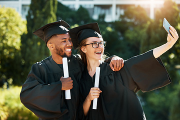 Image showing Selfie, university and friends with graduation students posing for a photograph on campus with certificate or diploma. Education, graduate and scholarship with a man and woman friend taking a picture