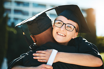 Image showing Hug, graduation and student achievement, happy or smile for success outdoor in gown. Graduate, academic or embrace for diploma, happiness or certificate completed at university, college and education