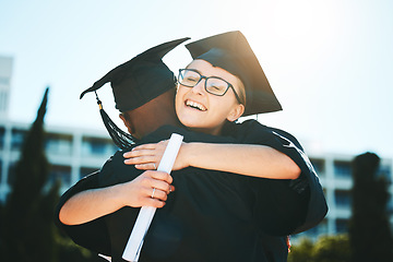 Image showing Hug, graduation and students success for achievement, happy and smile outdoor in gown. Graduate, happiness or embrace for degree, certificate and education completed at university, college or diploma