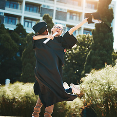 Image showing Education, college graduation and celebration for university achievement, friends hug for congratulations on campus. Man and woman scholarship students or graduate happy about diploma or certificate