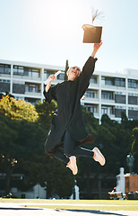 Image showing Woman graduation, jump and celebrate at college, school or university with certificate in sunshine. Student graduate, scholarship or diploma in success, celebration or education while happy at campus