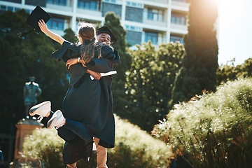 Image showing University, education and students hug at graduation with degree, diploma or certificate. Support, success and happy friends hugging, graduate or celebrate academic achievement or complete college.
