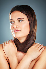 Image showing Hair care, beauty and face of woman in studio on gray background pose for hair salon advertising. Cosmetics, fashion and girl with hair around neck for healthy, natural and long hair after treatment