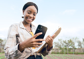 Image showing Agriculture, farm and woman with phone, clipboard and digital notes of ecology research or eco friendly farming. Sustainability field, agronomist farmer analysis or black girl study plantation growth