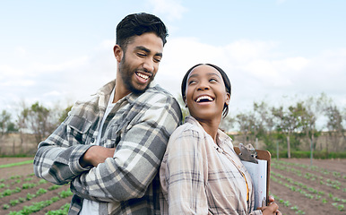 Image showing Agriculture students on farm, field research success of plants growth analytics and sustainable development. Happy farmer couple in climate change, rural farming and natural environment in Kenya