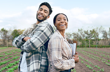 Image showing Man, woman farmer or agriculture with checklist, farm and plants in portrait with smile. Couple, green crops and farming teamwork for vegetable, fruit or sustainability with happiness on agro field