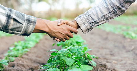 Image showing Farm, handshake closeup and partnership collaboration success outdoors. Farmer, welcome and shaking hands for eco friendly sustainability teamwork, thank you or b2b farming business deal agreement