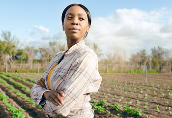 Image showing Farmer, black woman and pride for plants, vegetables and smile for growth, rows or community garden. Agriculture, proud female or saplings for eco friendly, natural and health for sustainable produce