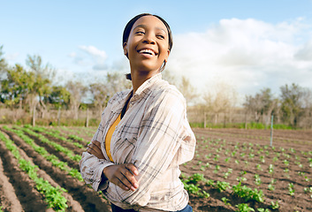 Image showing Woman, farm and thinking for agriculture farming harvest in a field in summer for eco friendly development. Gardener, gardening and growth with an african american female famer working on farmland