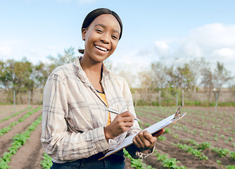 Image showing Black woman, farmer and with clipboard for harvest, vegetables and check plants growth outdoor. Portrait, agriculture and female confirm quality control, farming or produce for health or eco friendly