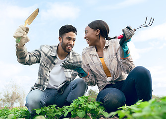 Image showing People, farm and diverse man and woman planting in an eco friendly garden feeling cheerful about the harvest. Teamwork, agriculture and agribusiness with plantation environment for farming