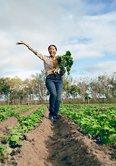 Image showing Happy woman, portrait and celebrate agriculture, harvest and nature in gardening environment, plant field or sustainability in countryside. Excited, success and black woman agro farming green spinach