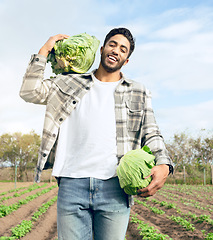 Image showing Agriculture worker, lettuce and farm, sustainability working and organic food, happy smile and outdoor nature. Man farmer, smile and pride with vegetable growth or harvest from sustainable farming