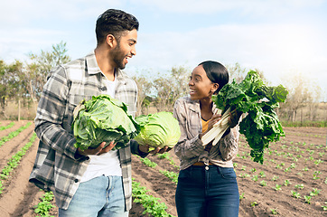 Image showing Happy farmer worker, vegetables and agriculture in nature, environment and sustainability in countryside. Gardening, farming and young couple harvest cabbage, spinach and green plants from agro field