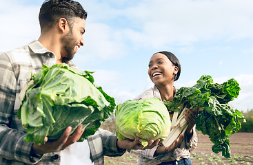 Image showing Black couple, vegetables and happy for farming, harvest or agriculture in nature for food together. Man, black woman and farm with agro teamwork, smile or sustainability for health, nutrition or diet