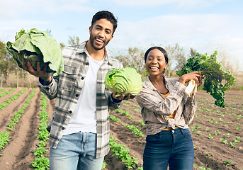 Image showing Farming, harvest and interracial couple with vegetables from their sustainable, agro and agriculture farm. Sustainability, small business and portrait of man and woman with growth from food on field