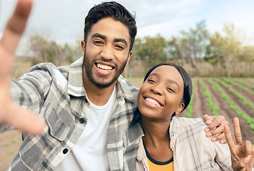 Image showing Selfie, couple and agriculture, farmer and farm with harvest and land for sustainable farming and green environment. Crop, organic and man, black woman smile in portrait, farming and sustainability.