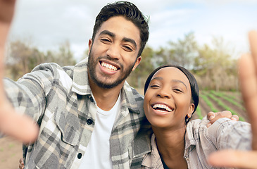 Image showing Selfie, happy and interracial couple farming for their small business, agriculture and working together on a farm. Sustainability, smile and man and woman with a picture on a field in the countryside