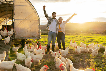 Image showing Excited, success and couple on a farm with chicken for sustainability, agriculture and small business in nature. Happy, eco friendly and portrait of a man and woman with animals in countryside