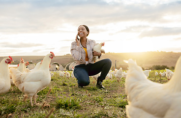 Image showing Black woman, phone call and countryside on chicken farm with smile for live stock in the outdoors. Happy African American female farmer smiling on phone for sustainability, agriculture and animals