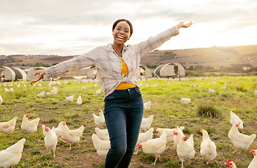 Image showing Winner, farm and chickens with a black woman agriculture worker in celebration while farming in the poultry industry. Farmer, motivation and countryside with a female agricultural expert outdoor