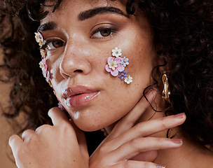 Image showing Beauty, flowers and makeup, portrait of black woman from Brazil with beautiful face on studio background. Nature, luxury makeup and art, natural flower skincare product for facial on fashion model.