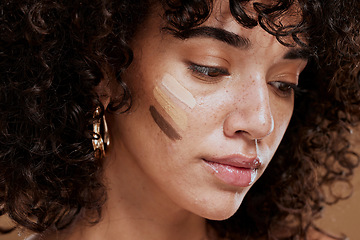 Image showing Woman, beauty and face with makeup and foundation for cosmetics and skintone shade. Cosmetic, beauty face and latino female with colour swatches on her skin for concealer product for cosmotology.