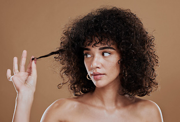 Image showing Hair care, beauty and black woman with an afro in studio with clean, short and curly hair style. Health, hairstyle and African model with natural hair for cosmetic salon treatment by brown background