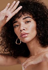 Image showing Portrait of woman, skincare and hair beauty for cosmetics wellness healthcare, natural makeup and skin care health. Face of a curly hair model, luxury spa treatment and organic facial self care glow