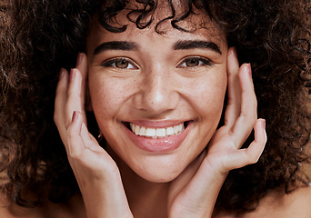 Image showing Skincare, beauty and face portrait of woman in studio isolated on a brown background. Makeup cosmetics, aesthetics and happy female model from Brazil feeling satisfied with healthy skin and wellness