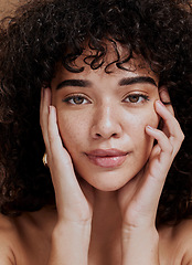 Image showing Beauty, portrait and natural face of black woman with healthy freckle skin texture touch. Aesthetic, facial and skincare cosmetic model girl touching cheeks for self love and wellness.