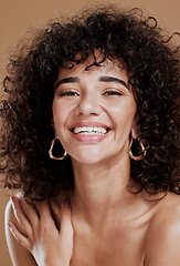 Image showing black woman, face and smile for afro beauty or natural body skincare wellness in studio. African girl model, portrait and luxury skin dermatology for facial glow or healthy hair care cosmetics