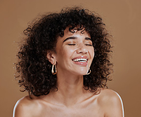 Image showing Beauty, wellness and face of woman with skincare glow from facial routine, natural makeup or self care treatment. Salon curly hair care, cosmetics and aesthetic model satisfied with luxury healthcare