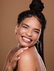 Image showing Skincare, beauty and black woman smile for cosmetics, makeup and dermatology mockup on brown studio background with hair braids. Face portrait of happy model with a glow on skin with self care