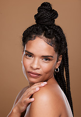 Image showing Woman, beauty and portrait of black woman with braids for skincare, facial treatment and health or wellness. Beautiful female, luxury skin care and bodycare on a brown studio background