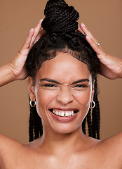 Image showing Beauty, skincare and braids with portrait of black woman for hair care, self love and natural. Luxury, salon and makeup with face of girl model for facial, product and wellness in studio background