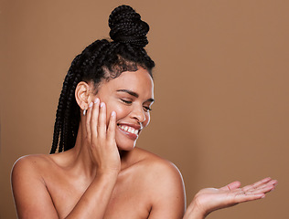 Image showing Beauty, skincare and black woman mock up happy about facial wellness, cosmetic health and hands, Woman model with happiness of cosmetics, hair care and dark skin luxury dermatology product placement