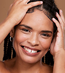 Image showing Skincare, wellness and portrait of woman with braids in studio for cosmetic, health and beauty treatment. Happy, smile and model with natural, healthy and organic skin routine by brown background.
