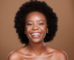 Image showing Beauty, skincare and portrait of black woman in studio for wellness, health and organic face treatment. Happy, smile and young model with natural facial and skin routine isolated by brown background.
