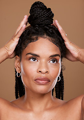 Image showing Black woman, beauty and thinking for skincare, health and wellness on a brown studio background. Beauty model, cosmetology and bodycare or skin care with cosmetics, makeup and body for african female