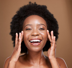 Image showing Black woman, face skincare and happy smile with natural skin health, healthy facial glow and organic moisturizing wellness treatment. Cosmetic beauty product, luxury spa mockup and studio background