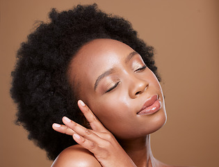 Image showing Black woman, eyes close and beauty studio for skincare, cosmetics or wellness by brown backdrop. Radiant African model, glow or healthy skin for natural makeup, happy or cosmetic shine by background