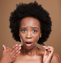 Image showing Hair, portrait and black woman in studio for problem, hair loss and hair care against a brown background. Face, model and afro hairstyle fail by woman confused, shocked and surprised by damaged hair