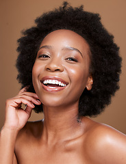 Image showing Beauty, skincare and portrait of African girl happy with skin glow routine, luxury facial makeup or natural cosmetics. Health, salon afro hair care and aesthetic face of black woman with spa wellness