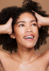 Image showing Black woman, beauty and face skincare, wellness and hair care with makeup, glow or cosmetics on brown studio background. Happy female model, facials cosmetic and happy smile for healthy or clean skin