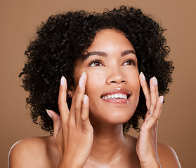 Image showing Beauty, eye skincare and black woman happy about facial wellness, collagen and cosmetic treatment. Healthy skin glow face texture of a woman model smile from cosmetics plastic surgery and botox