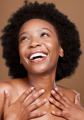 Image showing Beauty, skincare and happy black woman in a studio for a health, wellness and cosmetic routine. Happiness, smile and African model with a natural facial, skin or face treatment by a brown background.